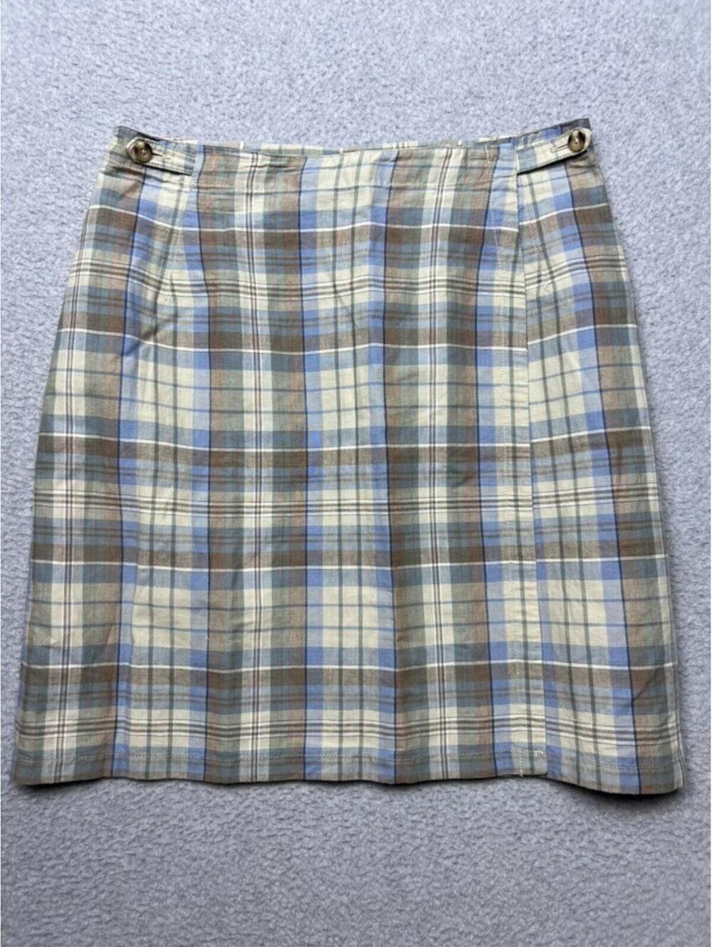Eddie Bauer Blue Tan Plaid Mini Skirt Dark Academia Quiet Luxury Old Money 16